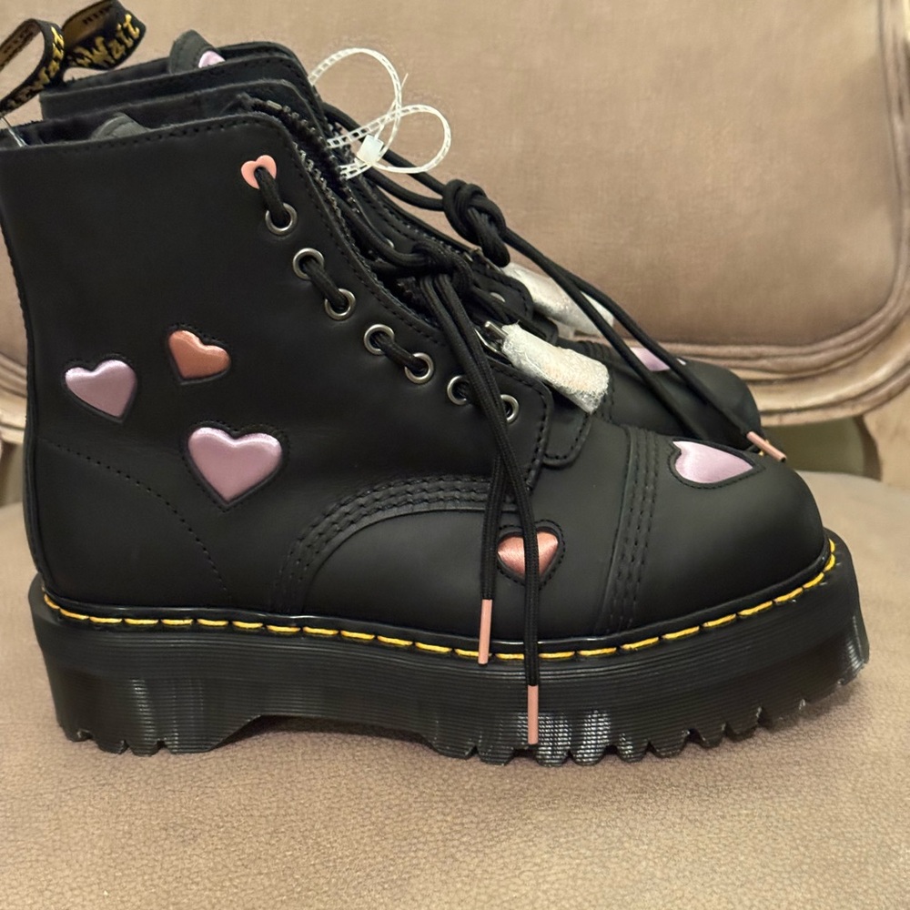 Dr. Martens Black Lace Up Boots with Pink and Purple Hearts - Picture 11 of 15